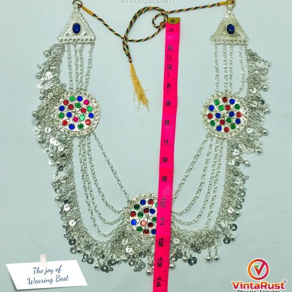 Multilayers Silver Bib Necklace With Dangling Tassels and Three Big Motifs - Picture 10 of 10